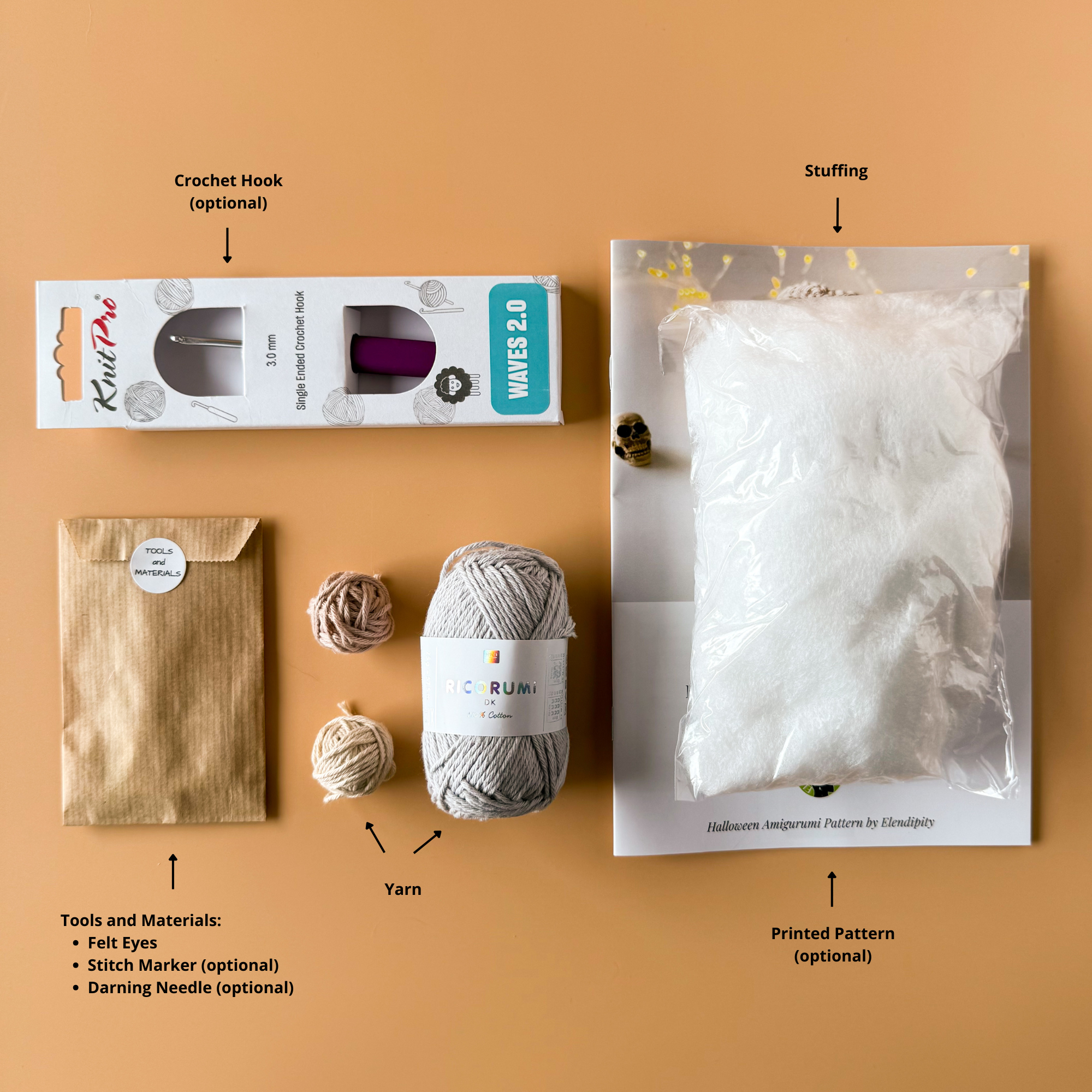 Crochet Mummy Kit - Halloween Amigurumi Kit - DIY Crochet Kit for Beginners with Video Tutorial & PDF Pattern - Image 4
