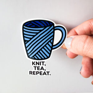 Knit Tea Repeat Vinyl Sticker BLUE - Knitting Sticker