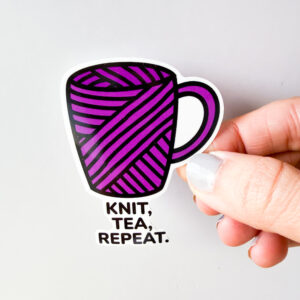 Knit Tea Repeat Vinyl Sticker PURPLE - Knitting Sticker