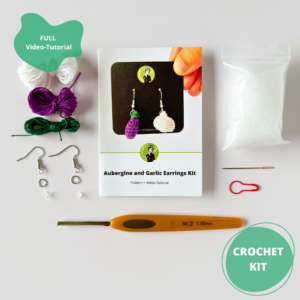 Crochet Aubergine and Garlic Earring Kit - DIY Amigurumi Jewellery Kit with Video Tutorial & PDF Pattern