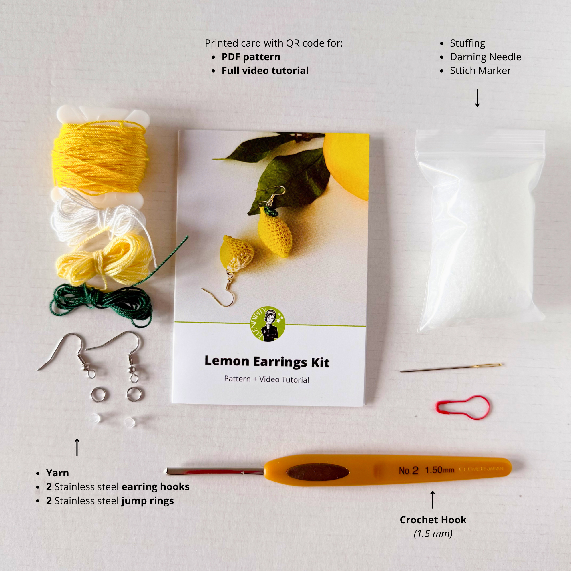 Crochet Lemon Earring Kit - DIY Amigurumi Jewellery Kit with Video Tutorial & PDF Pattern - Image 2