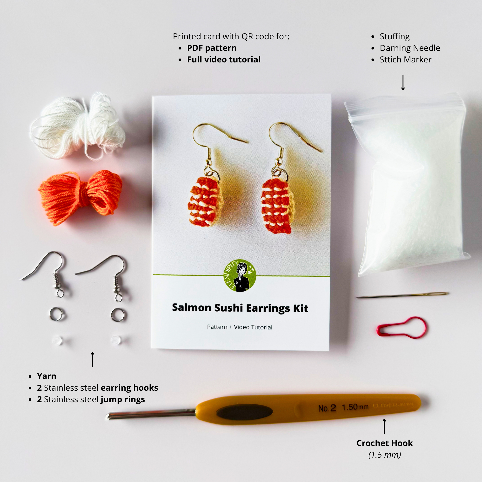 Crochet Sushi Salmon Earring Kit - DIY Amigurumi Jewellery Kit with Video Tutorial & PDF Pattern - Image 2