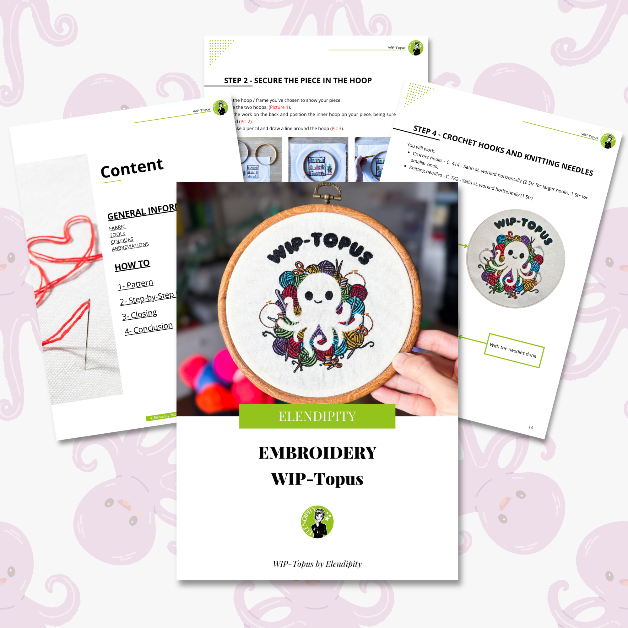 WIP-topus Embroidery Pattern PDF - Kawaii Octopus Negative Space Hoop Art - Beginner Project for Craft Lovers - Image 2